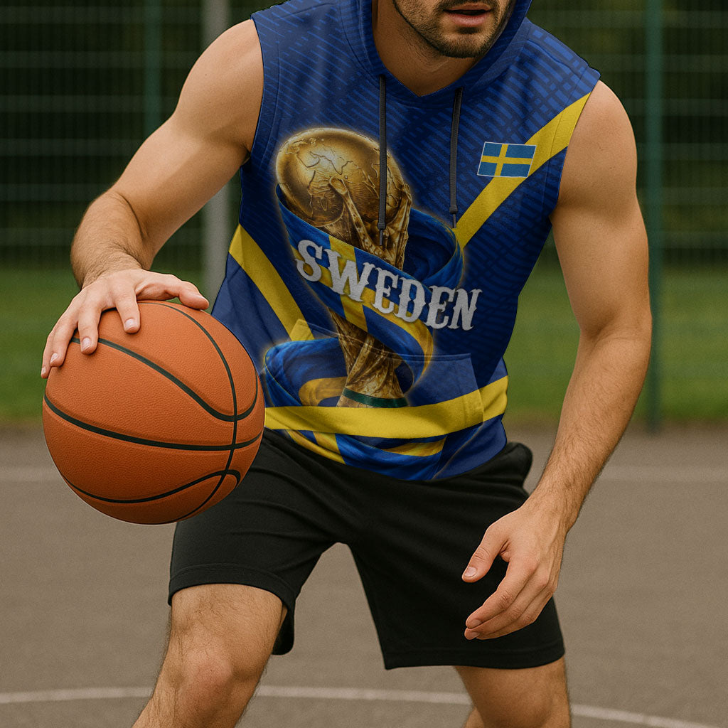 Personalized Sweden Football Trophy Sleeveless Hoodie Golden Cup Flag Ribbon Dynamic Stripes