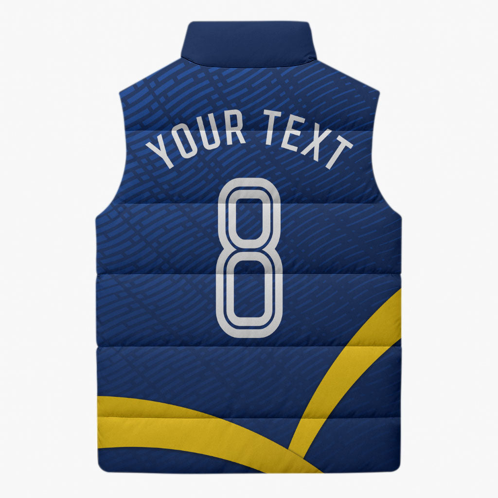 Personalized Sweden Football Trophy Sleeveless Puffer Jacket Golden Cup Flag Ribbon Dynamic Stripes