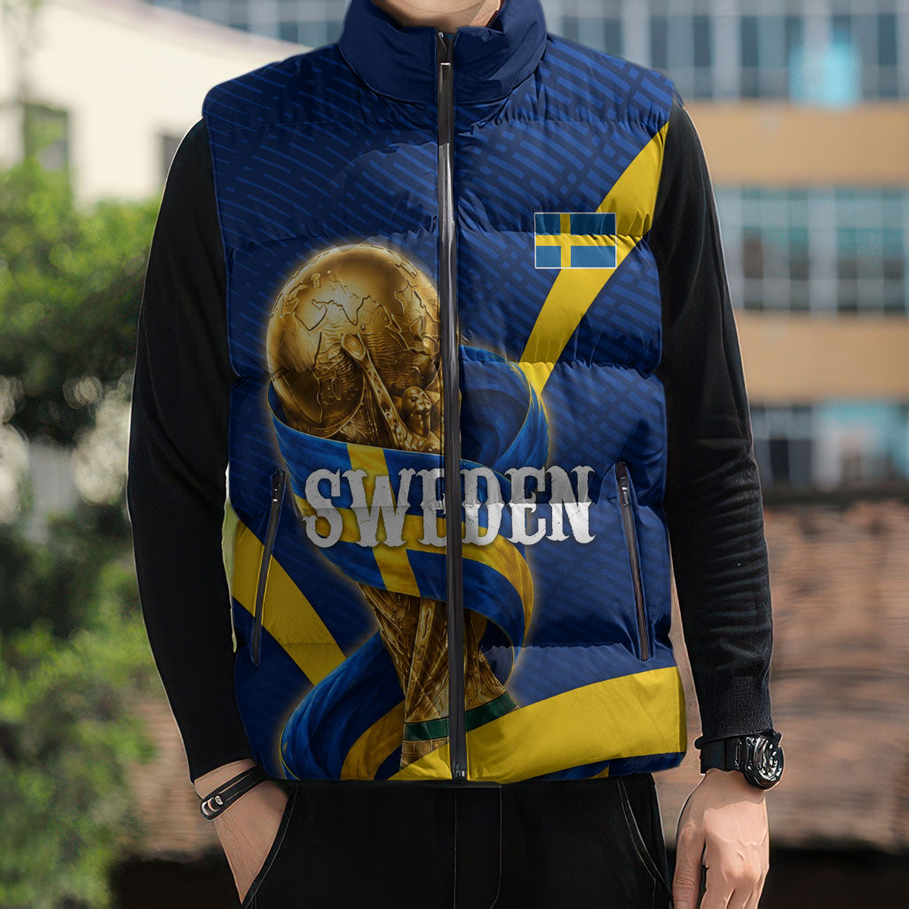 Personalized Sweden Football Trophy Sleeveless Puffer Jacket Golden Cup Flag Ribbon Dynamic Stripes