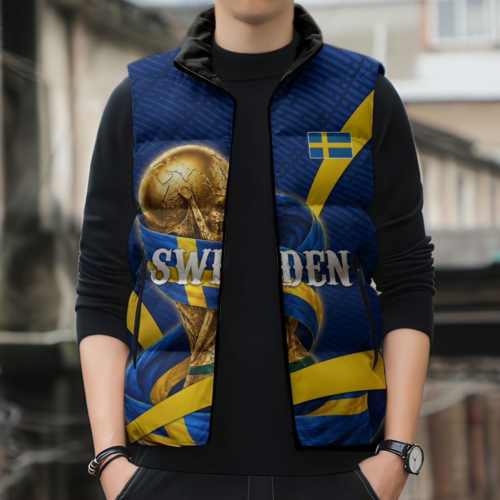 Personalized Sweden Football Trophy Sleeveless Puffer Jacket Golden Cup Flag Ribbon Dynamic Stripes