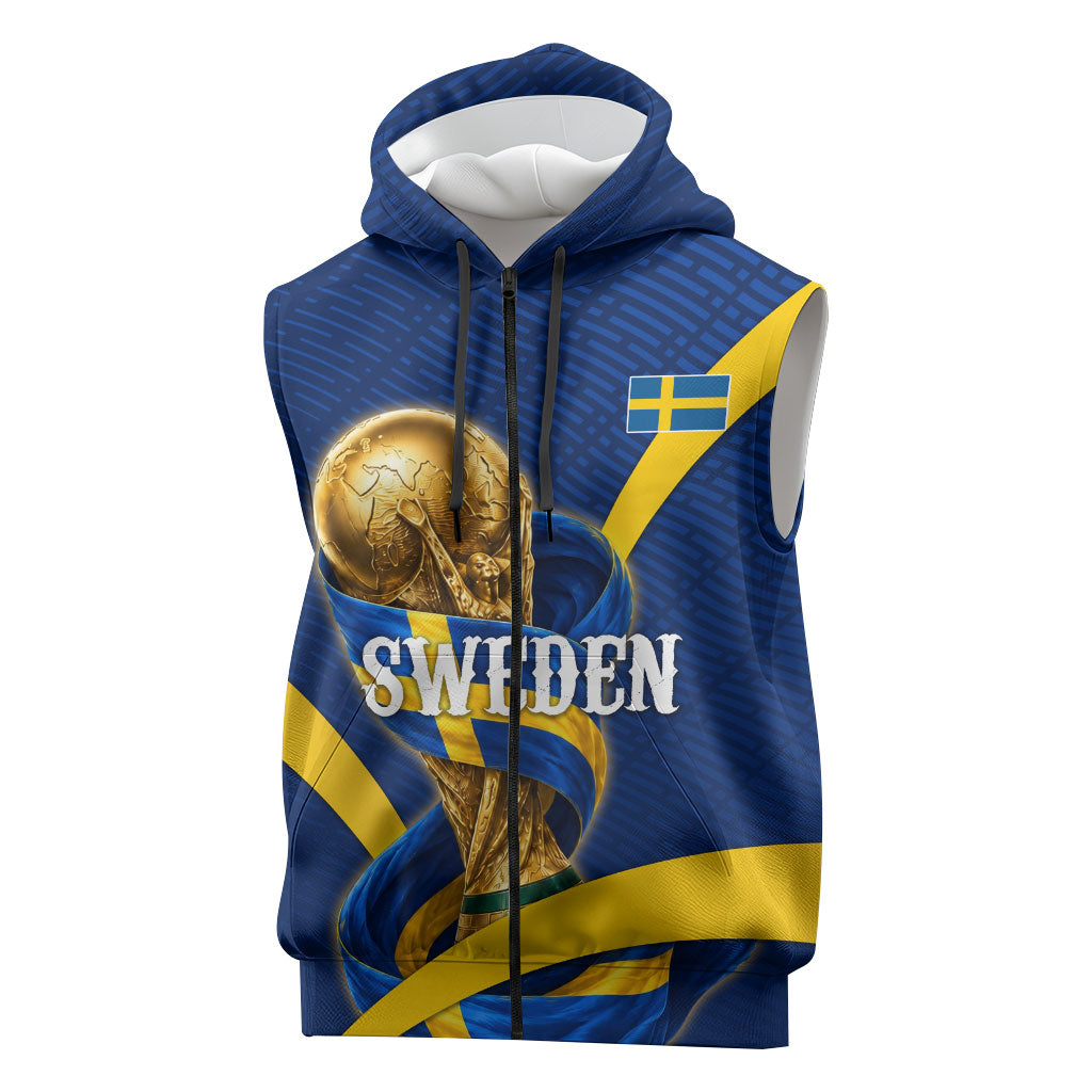 Personalized Sweden Football Trophy Sleeveless Zip Hoodie Golden Cup Flag Ribbon Dynamic Stripes