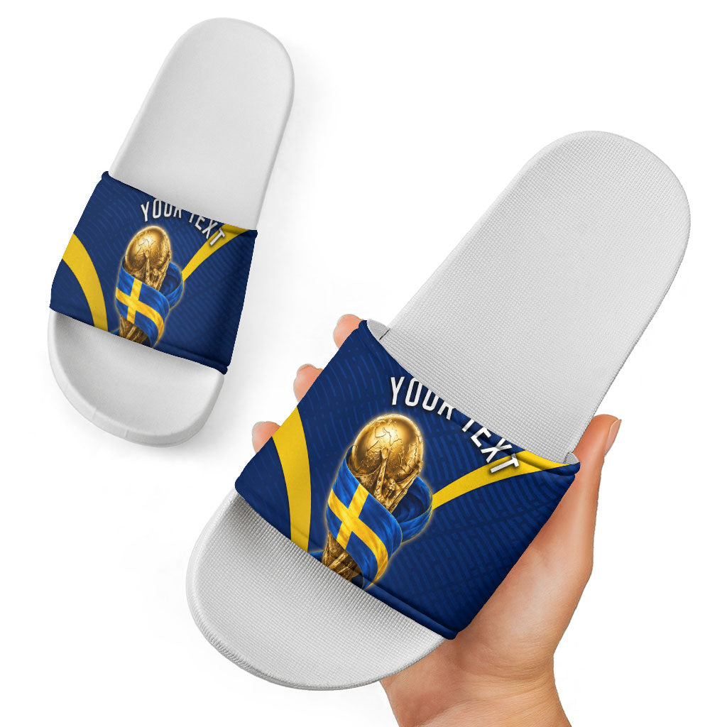 Personalized Sweden Football Trophy Slide Sandals Golden Cup Flag Ribbon Dynamic Stripes