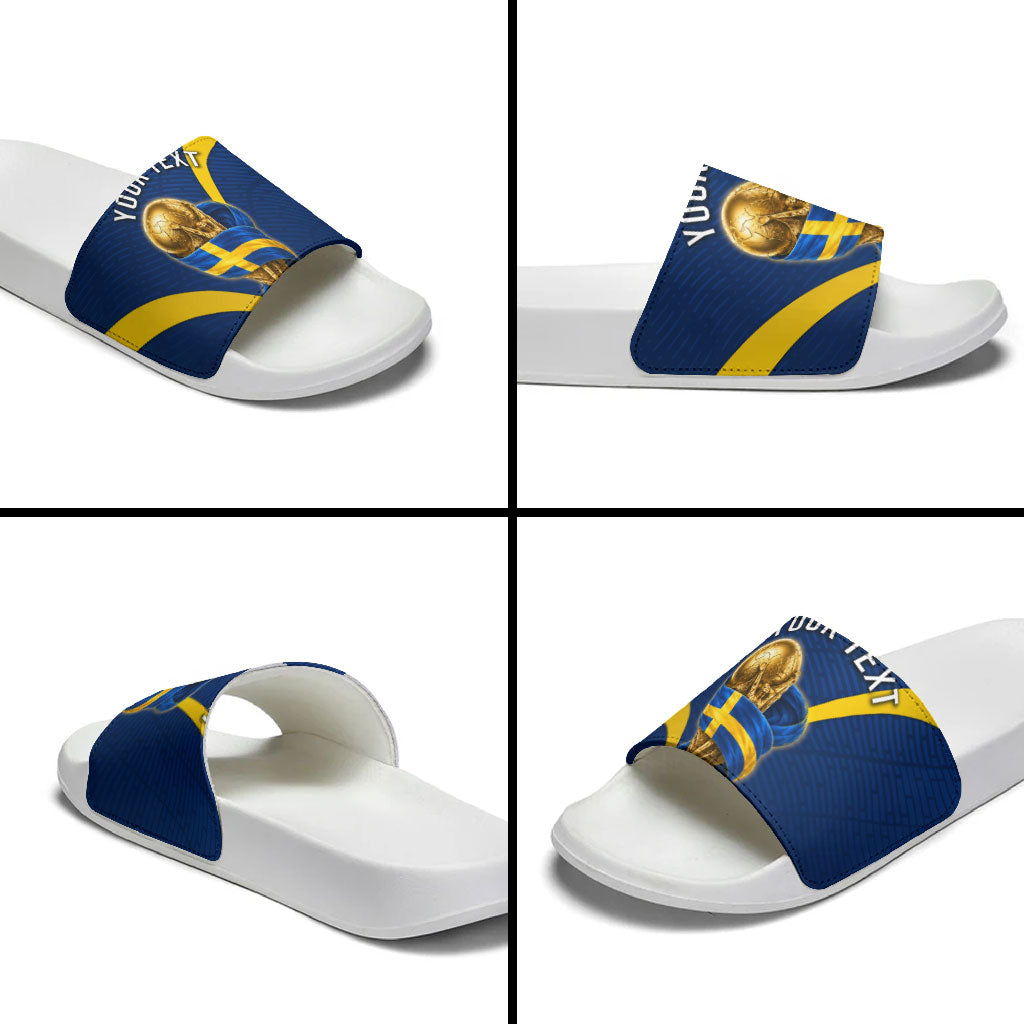 Personalized Sweden Football Trophy Slide Sandals Golden Cup Flag Ribbon Dynamic Stripes