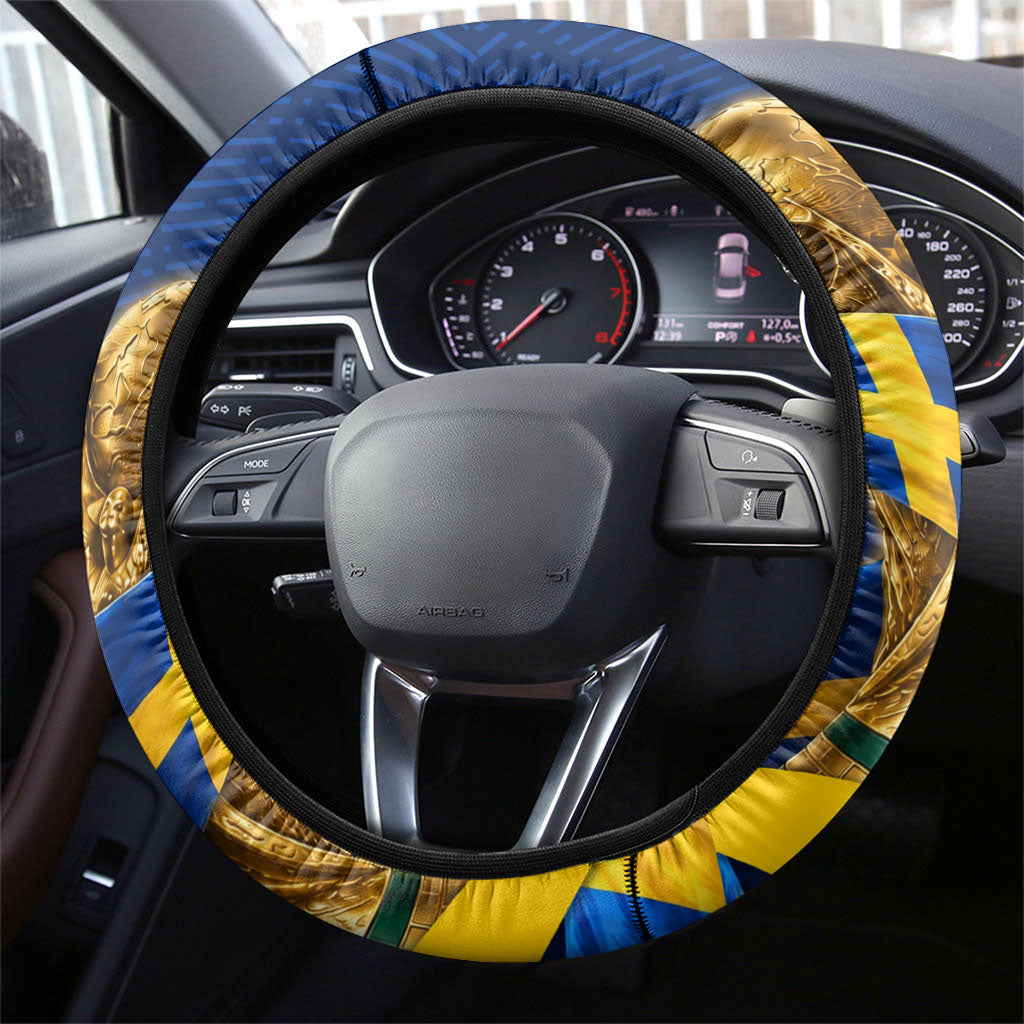 Sweden Football Trophy Steering Wheel Cover Golden Cup Flag Ribbon Dynamic Stripes