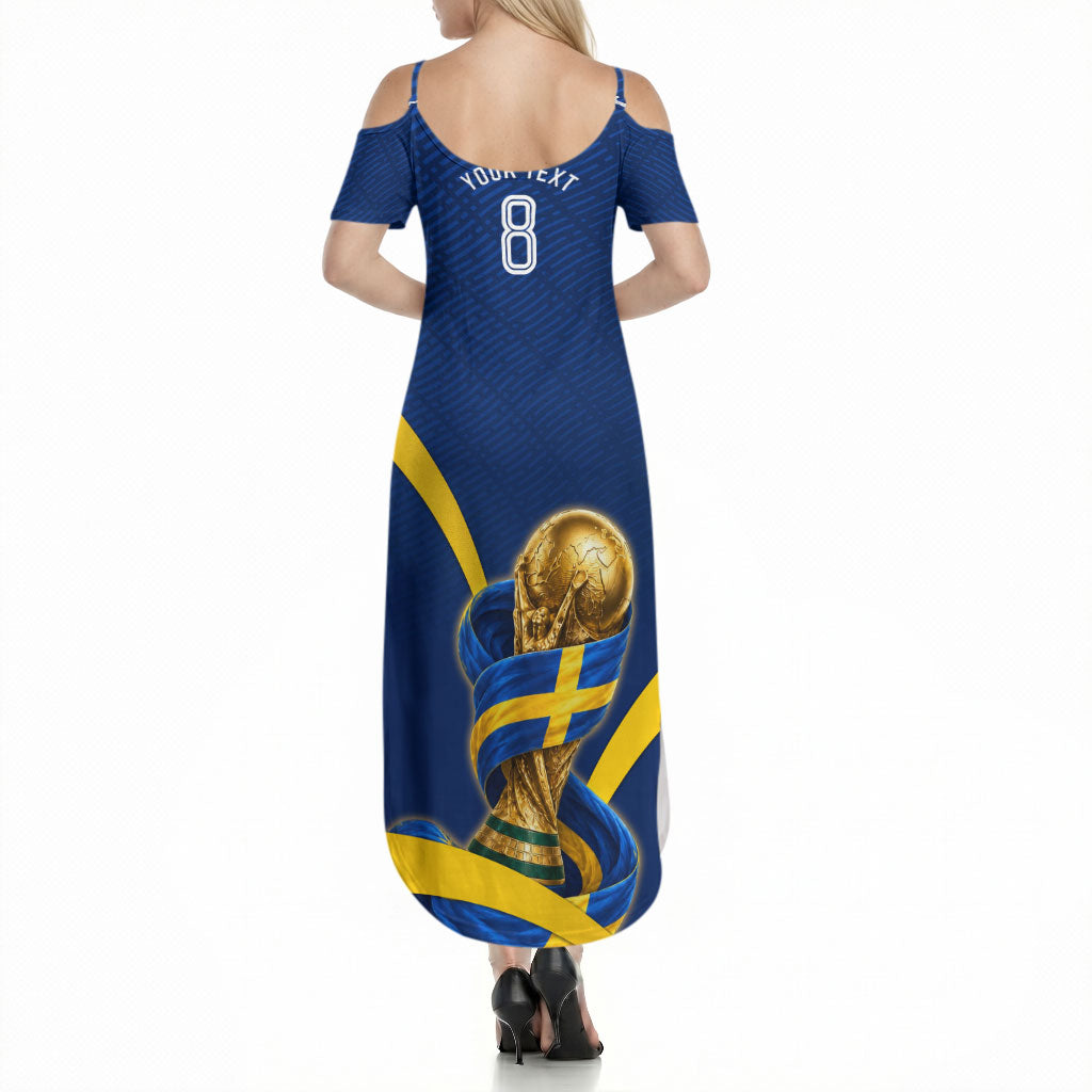 Personalized Sweden Football Trophy Summer Maxi Dress Golden Cup Flag Ribbon Dynamic Stripes