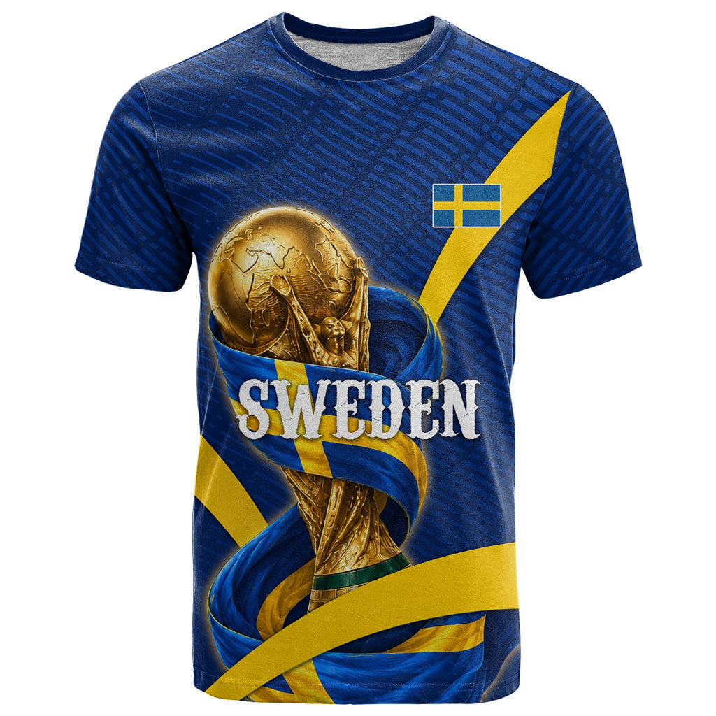 Personalized Sweden Football Trophy T Shirt Golden Cup Flag Ribbon Dynamic Stripes