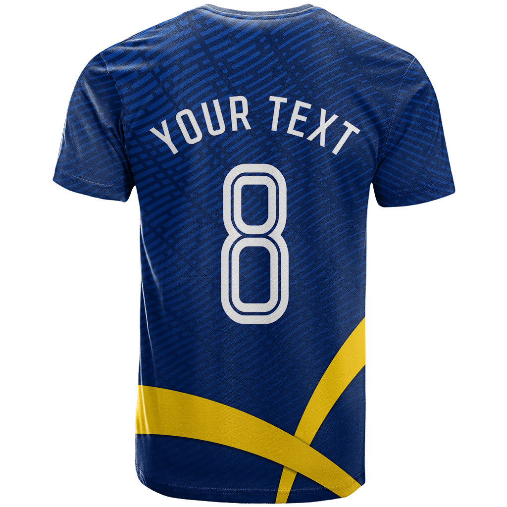 Personalized Sweden Football Trophy T Shirt Golden Cup Flag Ribbon Dynamic Stripes