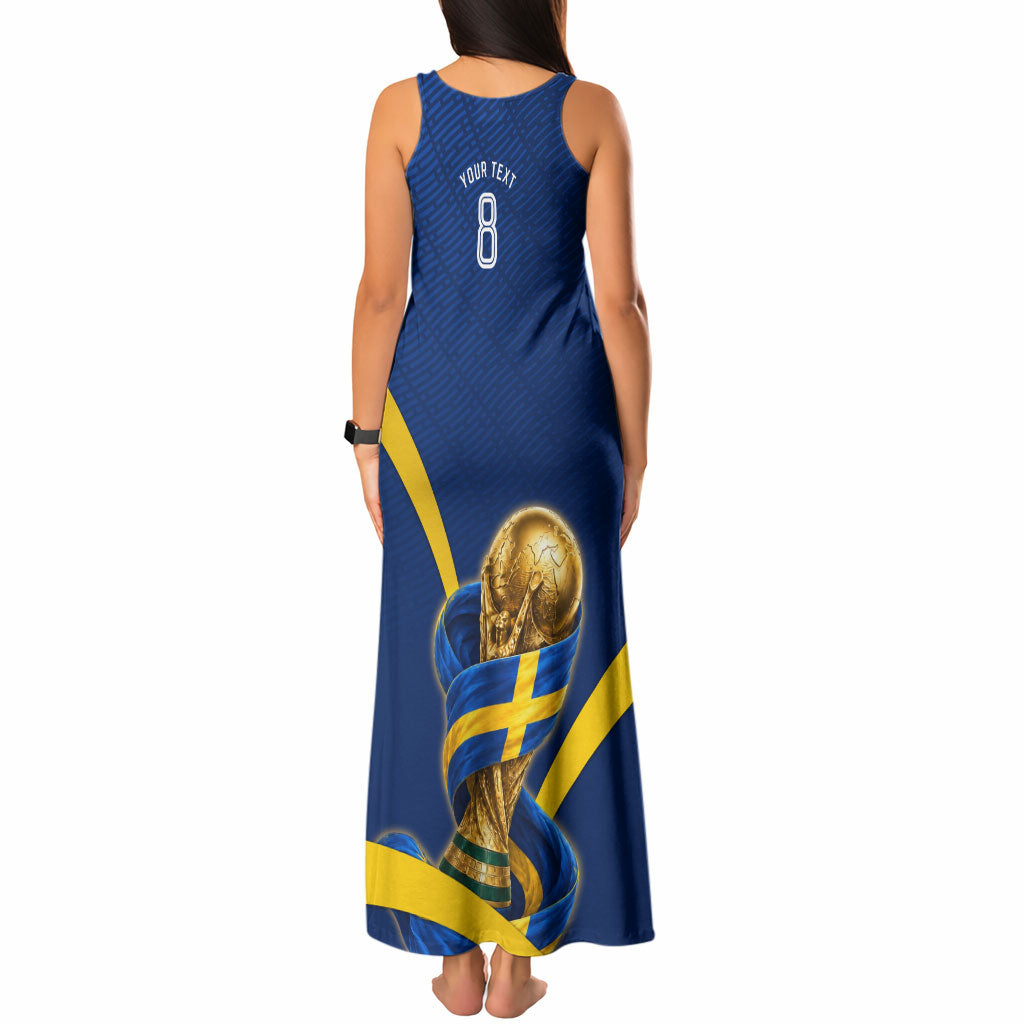 Personalized Sweden Football Trophy Tank Maxi Dress Golden Cup Flag Ribbon Dynamic Stripes