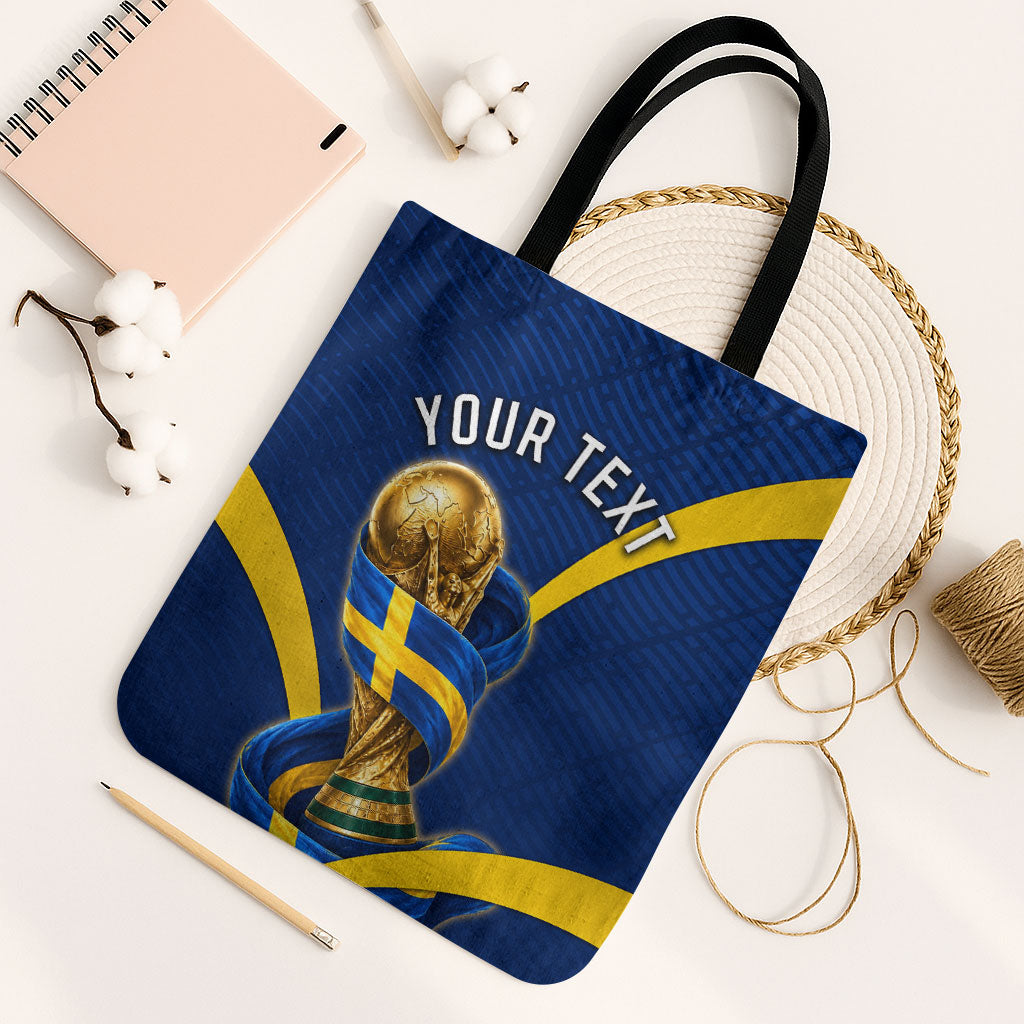 Personalized Sweden Football Trophy Tote Bag Golden Cup Flag Ribbon Dynamic Stripes