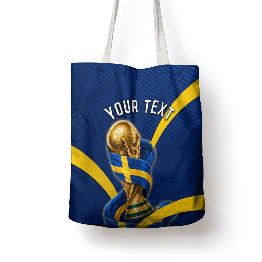 Personalized Sweden Football Trophy Tote Bag Golden Cup Flag Ribbon Dynamic Stripes