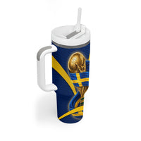 Personalized Sweden Football Trophy Tumbler With Handle Golden Cup Flag Ribbon Dynamic Stripes