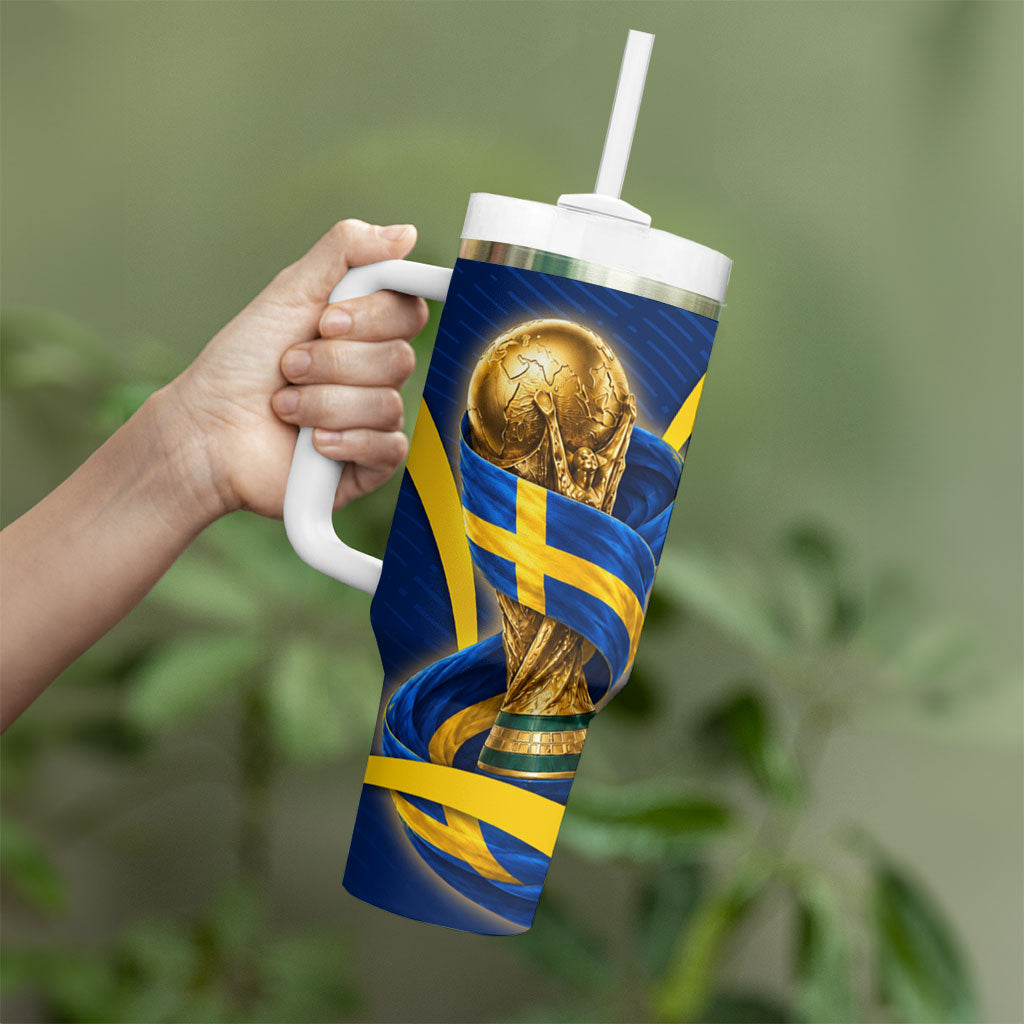 Personalized Sweden Football Trophy Tumbler With Handle Golden Cup Flag Ribbon Dynamic Stripes