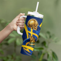 Personalized Sweden Football Trophy Tumbler With Handle Golden Cup Flag Ribbon Dynamic Stripes