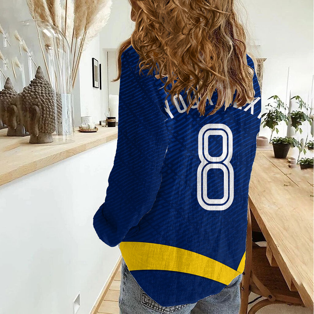 Personalized Sweden Football Trophy Women Casual Shirt Golden Cup Flag Ribbon Dynamic Stripes
