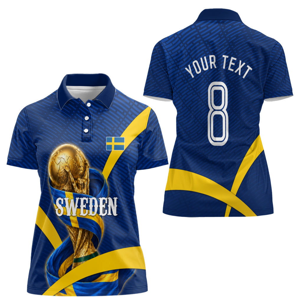 Personalized Sweden Football Trophy Women Polo Shirt Golden Cup Flag Ribbon Dynamic Stripes