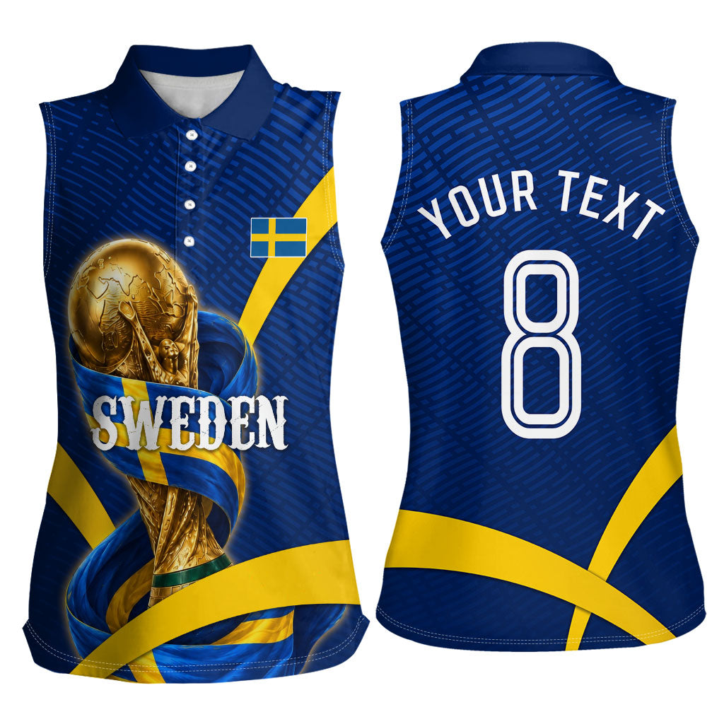 Personalized Sweden Football Trophy Women Sleeveless Polo Shirt Golden Cup Flag Ribbon Dynamic Stripes