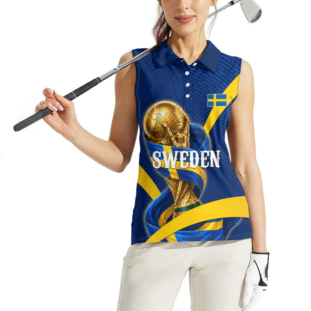 Personalized Sweden Football Trophy Women Sleeveless Polo Shirt Golden Cup Flag Ribbon Dynamic Stripes