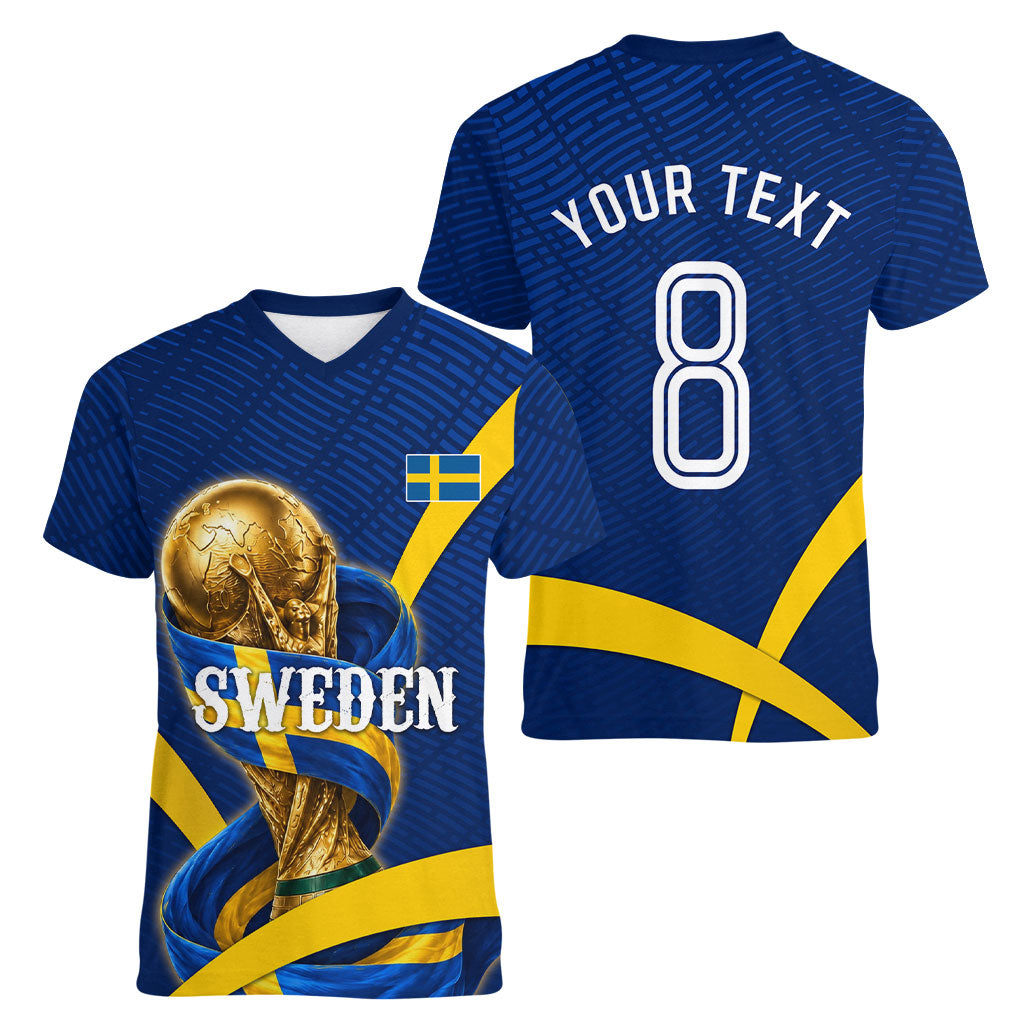 Personalized Sweden Football Trophy Women V-Neck T-Shirt Golden Cup Flag Ribbon Dynamic Stripes