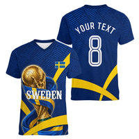 Personalized Sweden Football Trophy Women V-Neck T-Shirt Golden Cup Flag Ribbon Dynamic Stripes