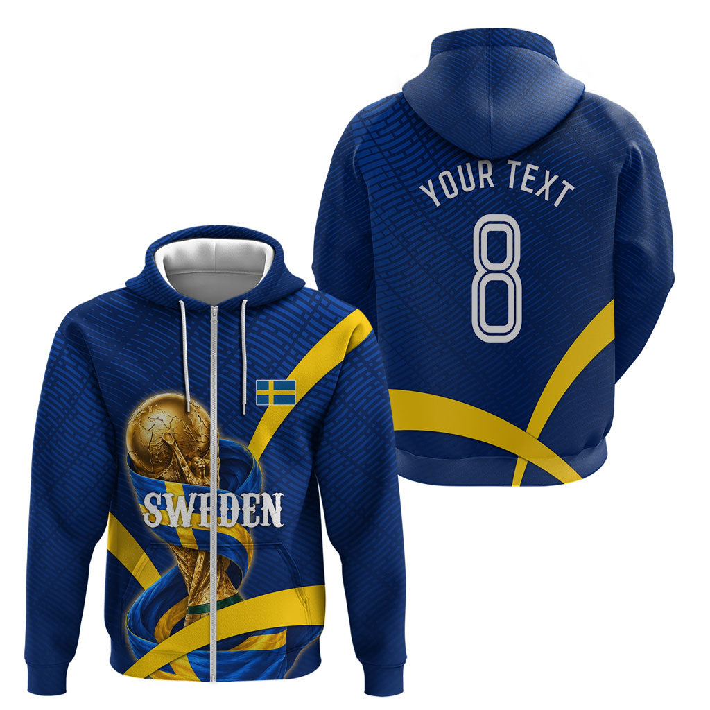Personalized Sweden Football Trophy Zip Hoodie Golden Cup Flag Ribbon Dynamic Stripes