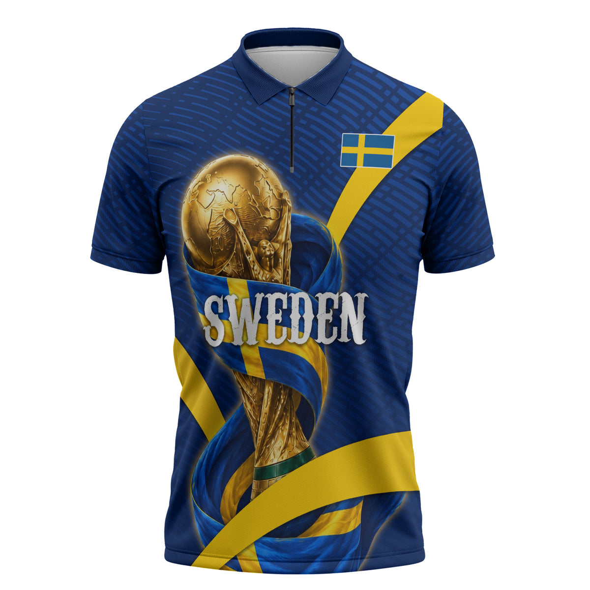 Personalized Sweden Football Trophy Zipper Polo Shirt Golden Cup Flag Ribbon Dynamic Stripes
