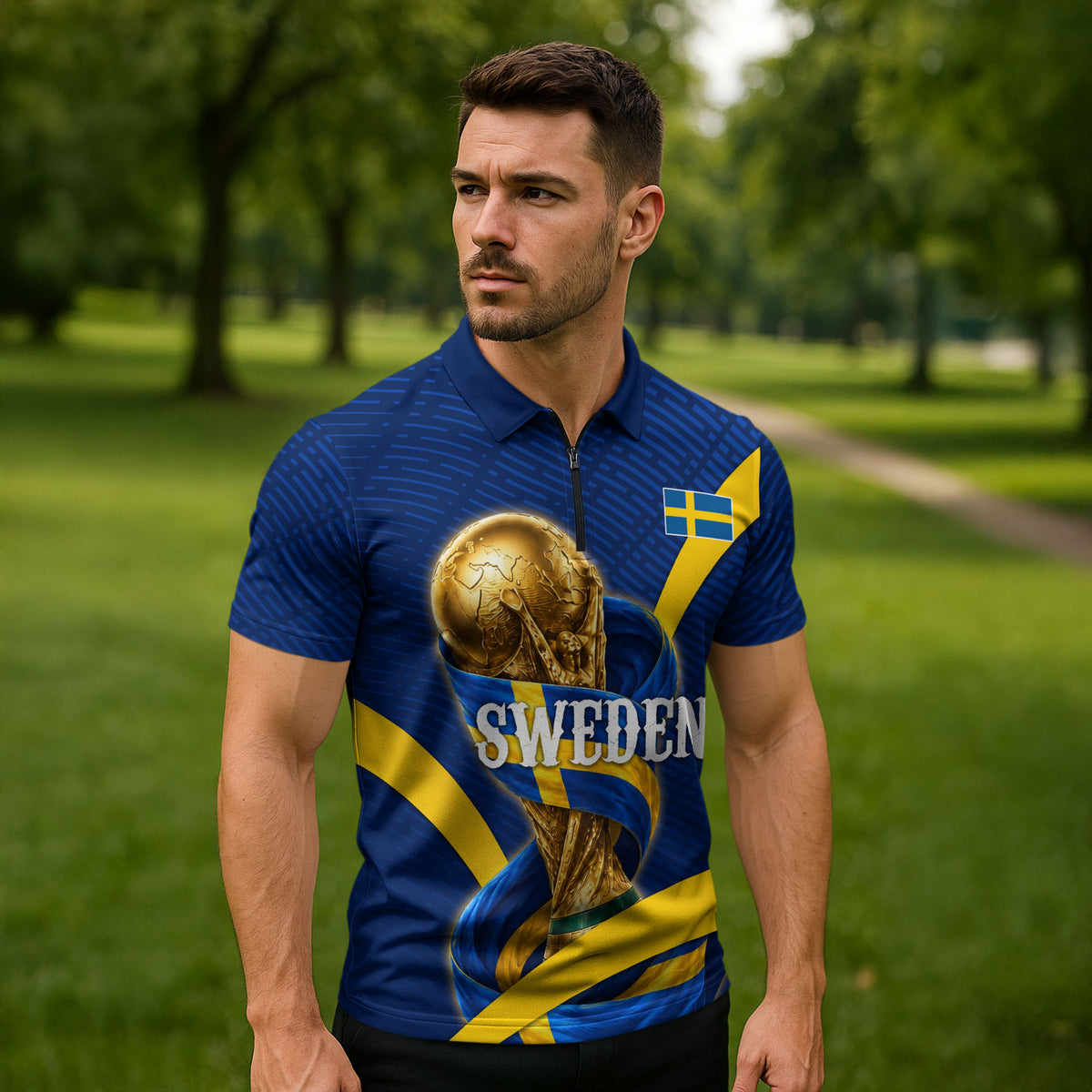 Personalized Sweden Football Trophy Zipper Polo Shirt Golden Cup Flag Ribbon Dynamic Stripes