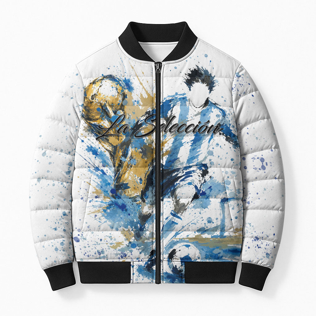 Personalized Argentina Football La Seleccion Bomber Puffer Jacket Watercolor Splatter World Soccer Art
