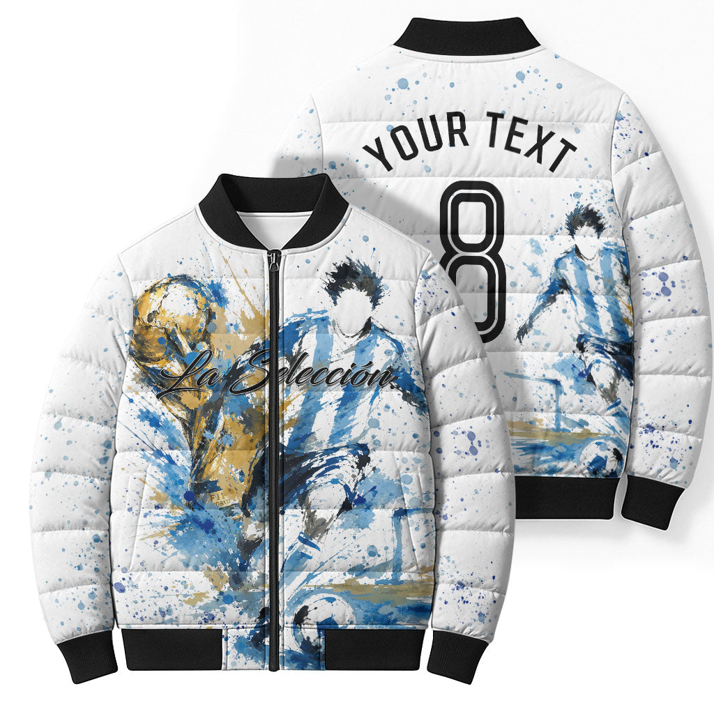 Personalized Argentina Football La Seleccion Bomber Puffer Jacket Watercolor Splatter World Soccer Art