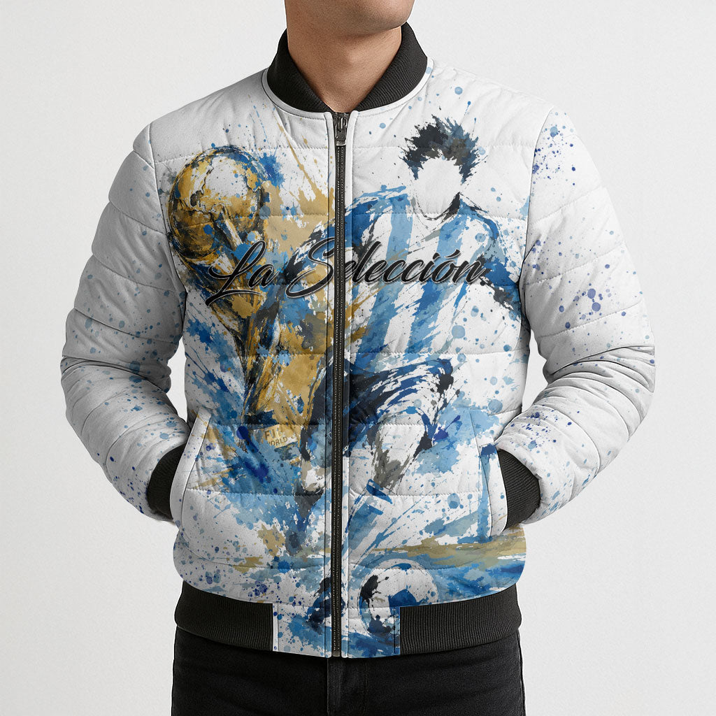 Personalized Argentina Football La Seleccion Bomber Puffer Jacket Watercolor Splatter World Soccer Art