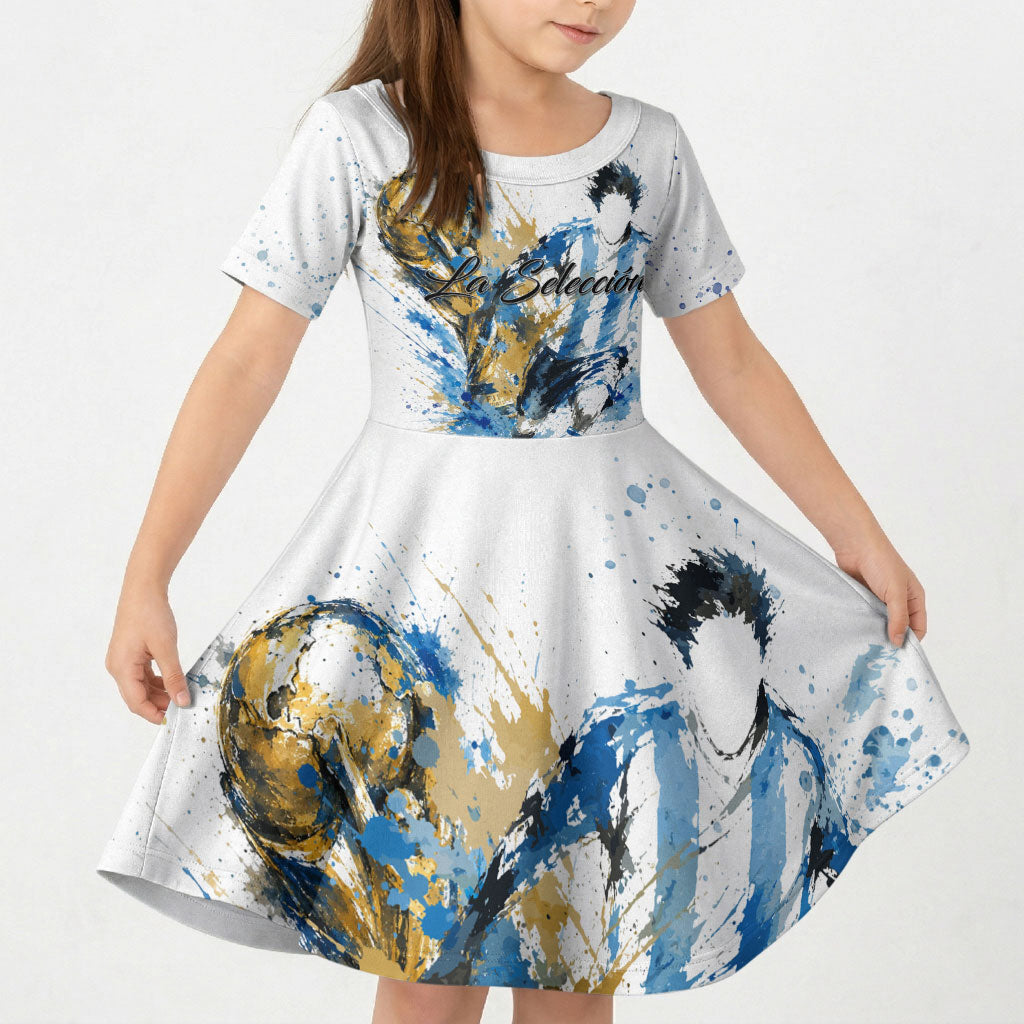 Personalized Argentina Football La Seleccion Kid Short Sleeve Dress Watercolor Splatter World Soccer Art