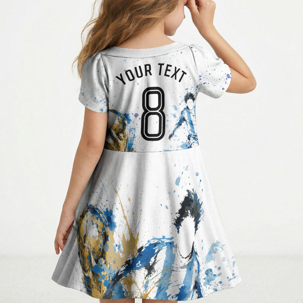 Personalized Argentina Football La Seleccion Kid Short Sleeve Dress Watercolor Splatter World Soccer Art