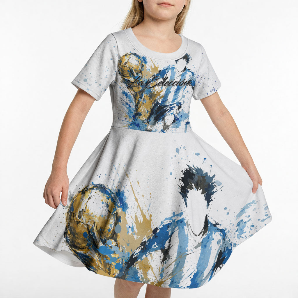 Personalized Argentina Football La Seleccion Kid Short Sleeve Dress Watercolor Splatter World Soccer Art