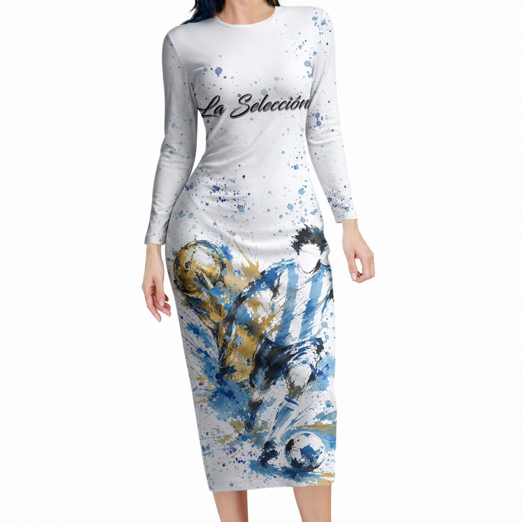 Personalized Argentina Football La Seleccion Long Sleeve Bodycon Dress Watercolor Splatter World Soccer Art