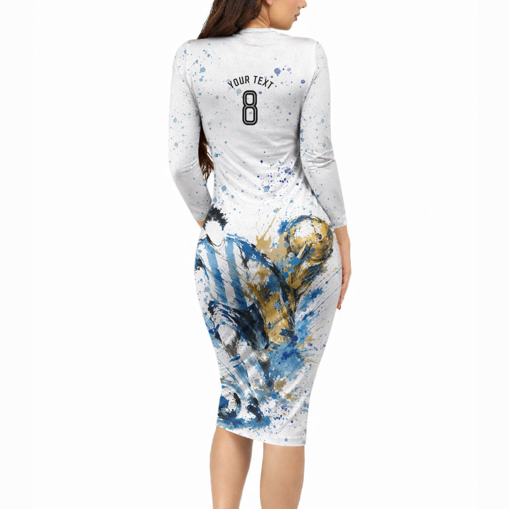 Personalized Argentina Football La Seleccion Long Sleeve Bodycon Dress Watercolor Splatter World Soccer Art