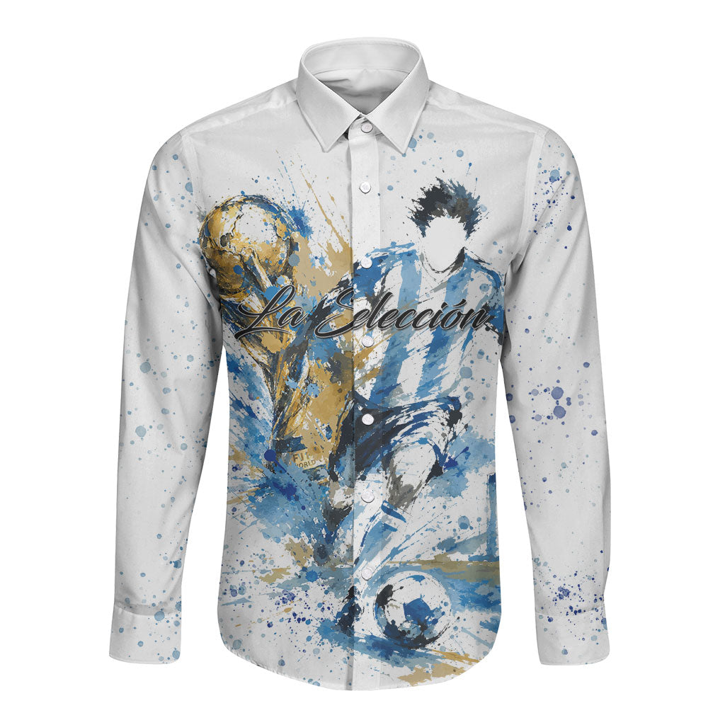 Personalized Argentina Football La Seleccion Long Sleeve Button Shirt Watercolor Splatter World Soccer Art