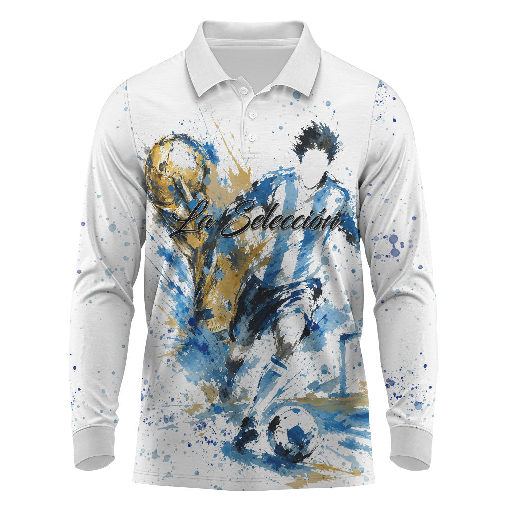 Personalized Argentina Football La Seleccion Long Sleeve Polo Shirt Watercolor Splatter World Soccer Art