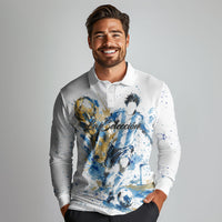 Personalized Argentina Football La Seleccion Long Sleeve Polo Shirt Watercolor Splatter World Soccer Art