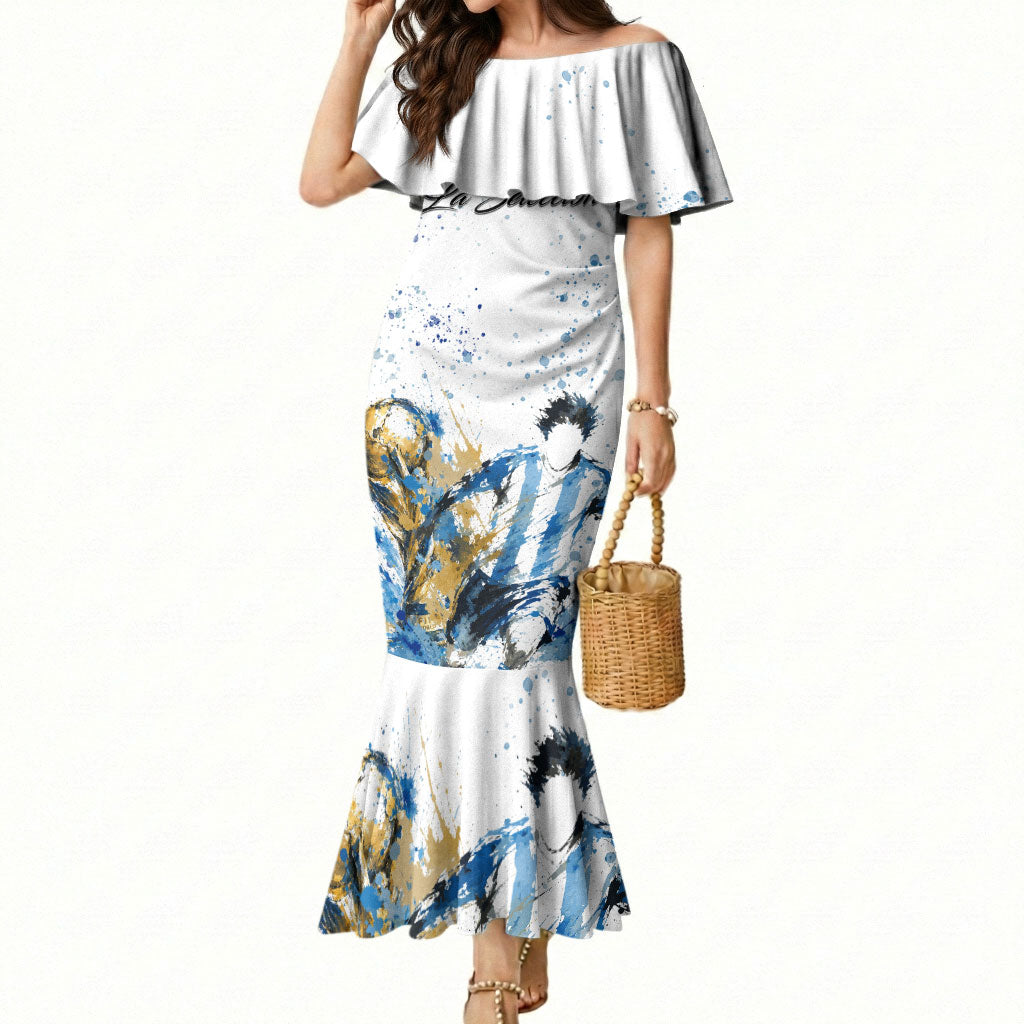 Personalized Argentina Football La Seleccion Mermaid Dress Watercolor Splatter World Soccer Art