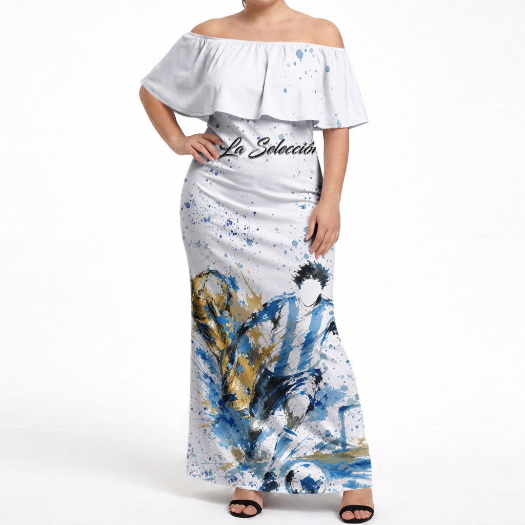 Personalized Argentina Football La Seleccion Off Shoulder Maxi Dress Watercolor Splatter World Soccer Art