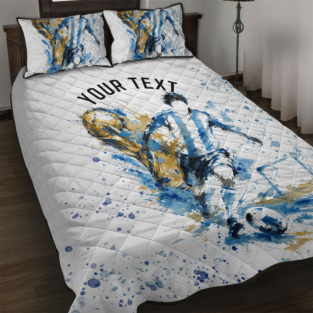 Personalized Argentina Football La Seleccion Quilt Bed Set Watercolor Splatter World Soccer Art