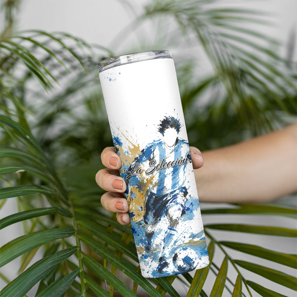 Personalized Argentina Football La Seleccion Skinny Tumbler Watercolor Splatter World Soccer Art