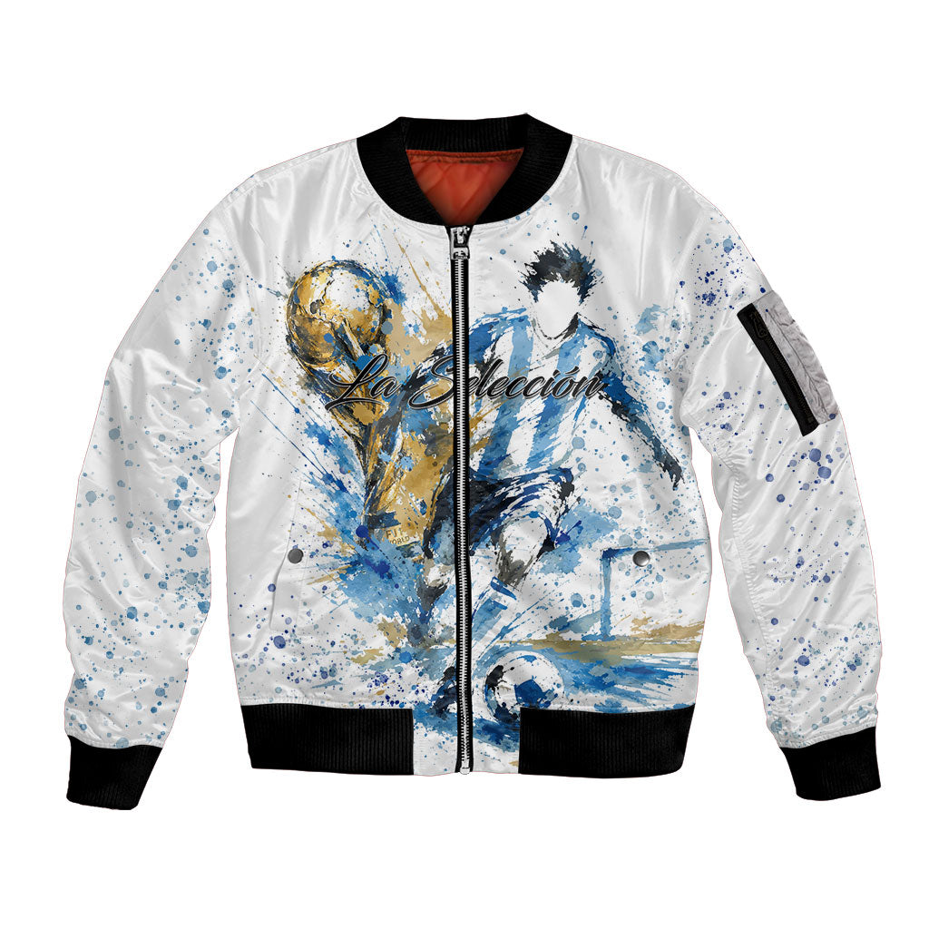 Personalized Argentina Football La Seleccion Sleeve Zip Bomber Jacket Watercolor Splatter World Soccer Art