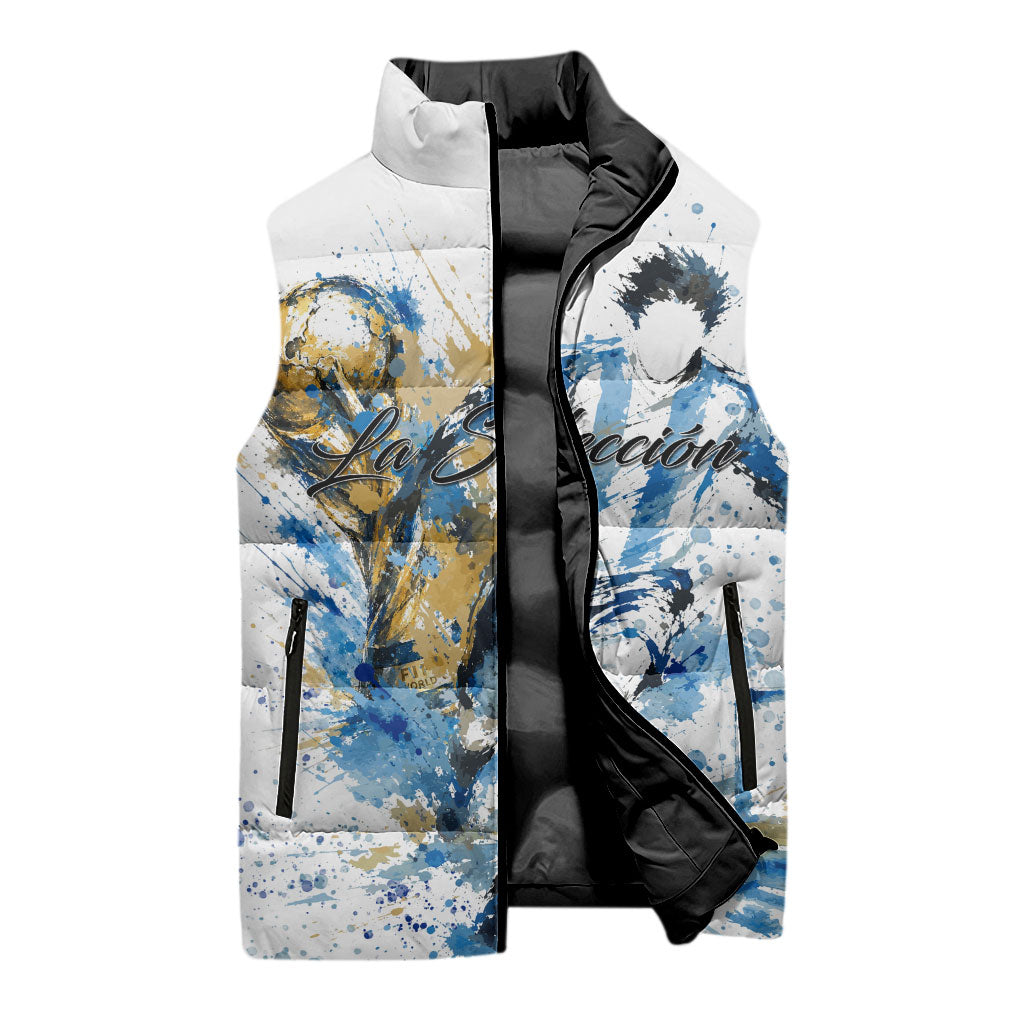 Personalized Argentina Football La Seleccion Sleeveless Puffer Jacket Watercolor Splatter World Soccer Art