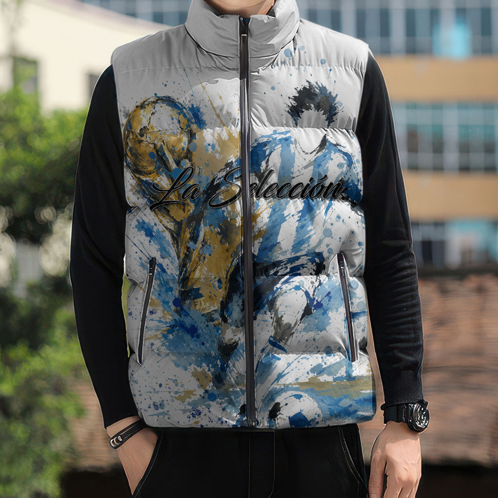 Personalized Argentina Football La Seleccion Sleeveless Puffer Jacket Watercolor Splatter World Soccer Art