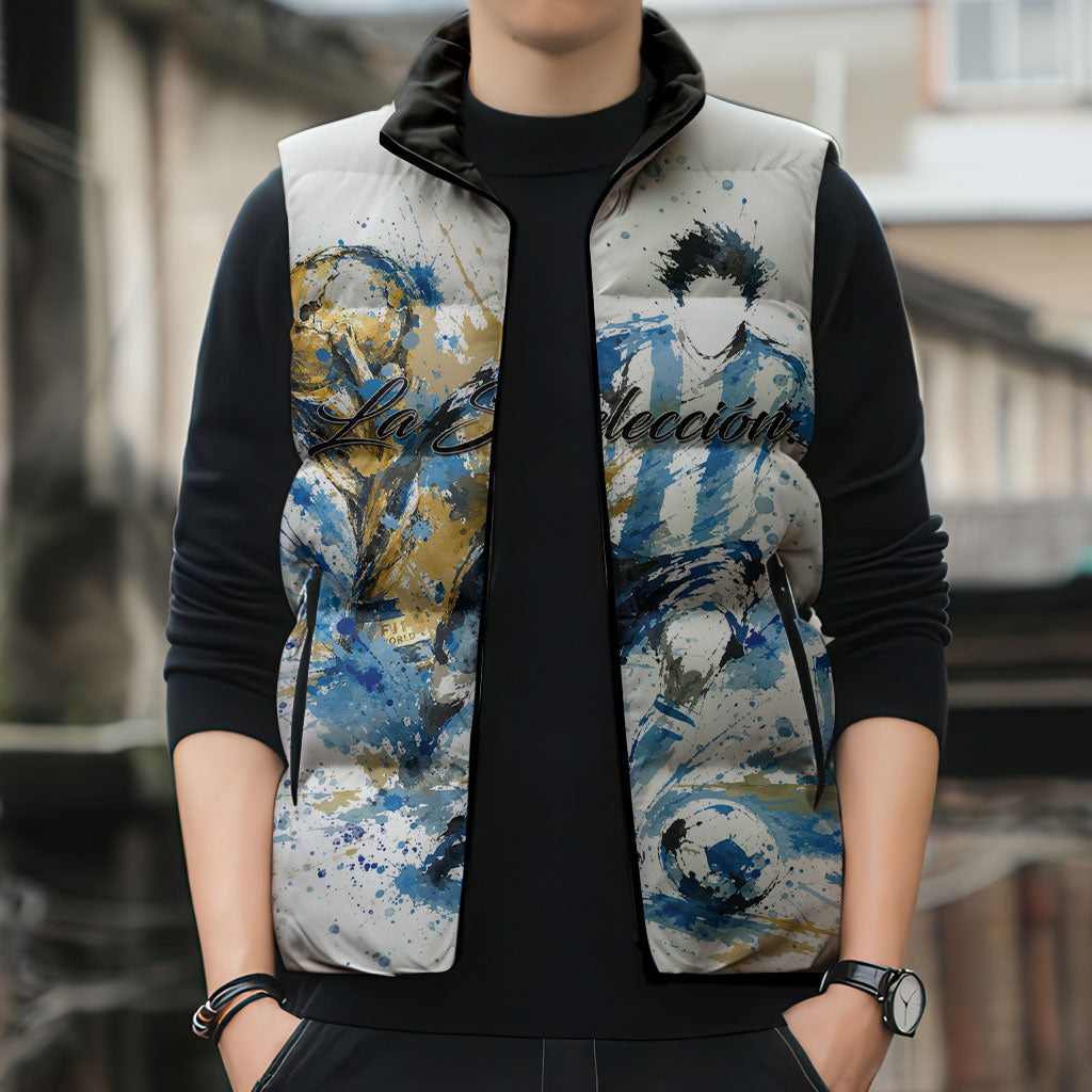 Personalized Argentina Football La Seleccion Sleeveless Puffer Jacket Watercolor Splatter World Soccer Art