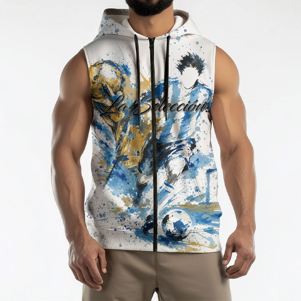 Personalized Argentina Football La Seleccion Sleeveless Zip Hoodie Watercolor Splatter World Soccer Art