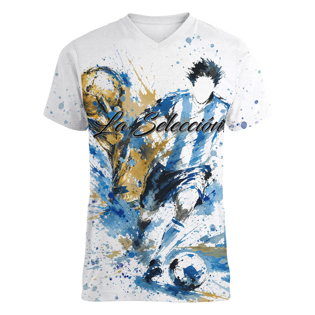 Personalized Argentina Football La Seleccion Women V-Neck T-Shirt Watercolor Splatter World Soccer Art