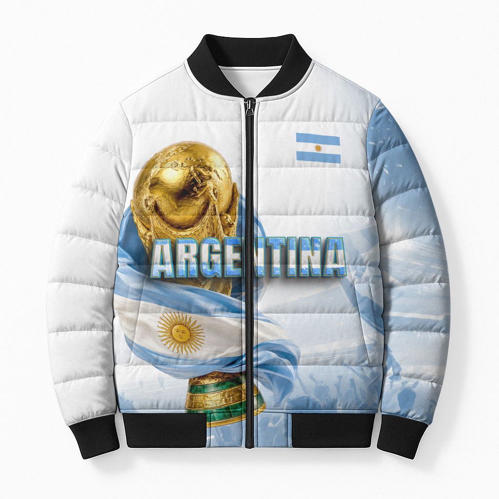 Personalized Argentina Football Champion Trophy Bomber Puffer Jacket Flag Soccer Fan Graphic