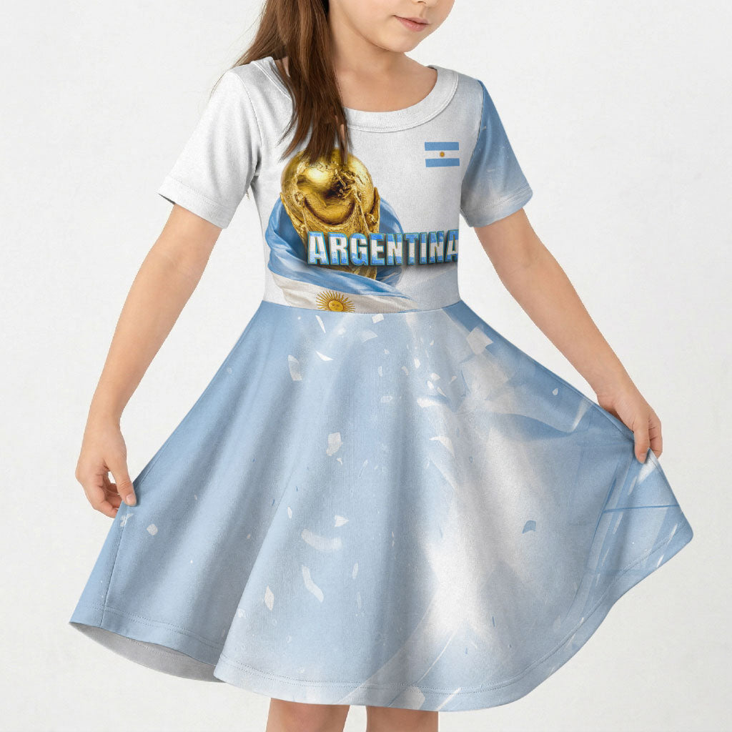 Personalized Argentina Football Champion Trophy Kid Short Sleeve Dress Flag Soccer Fan Graphic