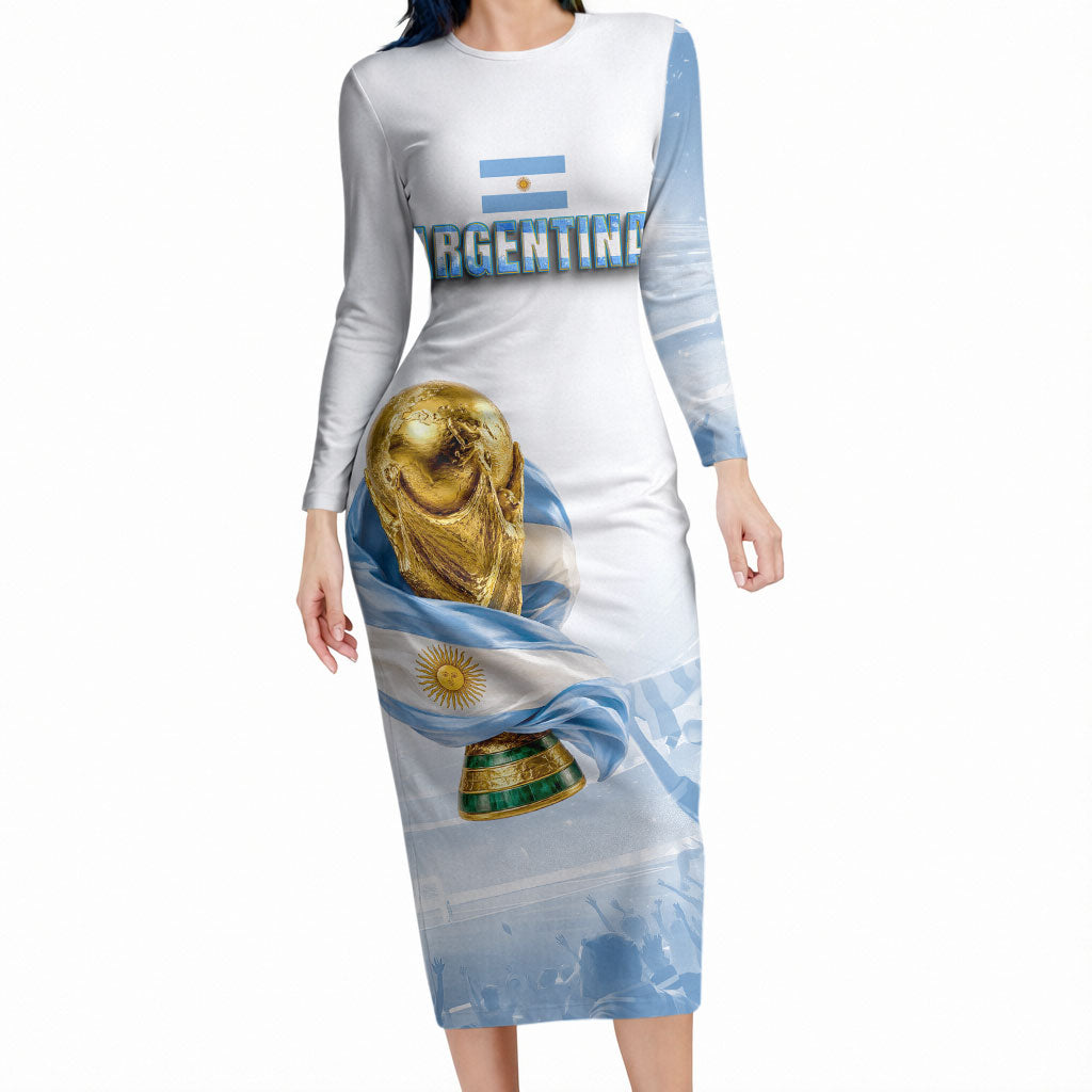 Personalized Argentina Football Champion Trophy Long Sleeve Bodycon Dress Flag Soccer Fan Graphic